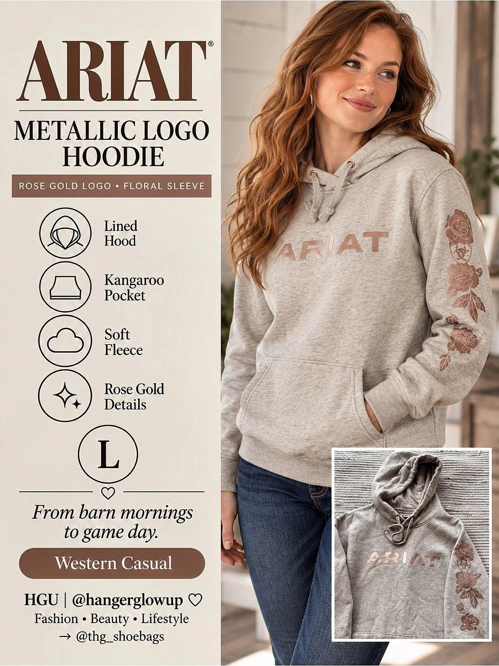 Ariat R.E.A.L. Rose Gold Metallic Floral Hoodie Oatmeal Heather L
